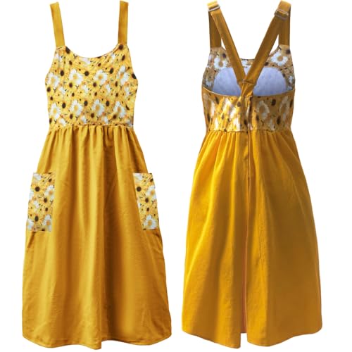 Cotton Linen Apron Cross Back Apron for Women with Pockets Pinafore Dress (Floral Yellow)