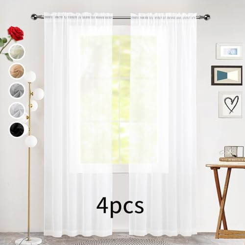 Sheer White Curtains 4 Panels Rod Pocket Semi (White / 52"W x 72"L (Pack of 4))