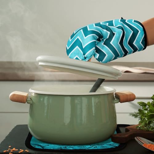 6 Pcs Boho Mountains Kitchen Towels Oven Mitts and Pot Holders Set Decorative Dish Towels Tea Washcloth Non Slip Heat Resistant Oven Gloves for Summer Home Cooking Baking (Turquoise / Boho Mountains)