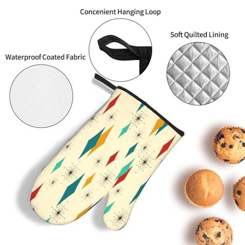 Mid Century Modern Oven Mitts and Pot Holders Set Heat Resistant Non Slip Set of 3 Retro Decor Kitchen Gloves Hot Pads for Cooking BBQ Baking Grilling (Mid Century)