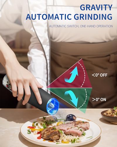 Gravity Electric Pepper Grinder Salt Grinder Pepper Griner Mill Electric with LED Light (Black-Unit 1-Battery)