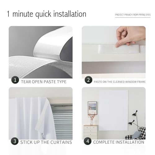 Stick On Blackout Curtains No Drill Required Self Adhesive Window Coverings for Bedroom Living Room Kitchen 46" W x 84" L White 1 Panel (46"W x 84"L (Pack of 1) / White)
