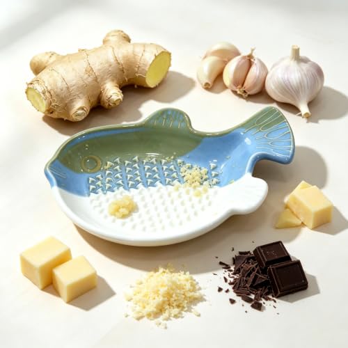 1PCS Ceramic Garlic Ginger Grater Plate with Brush 4.8 Inch (Fish-Shape)
