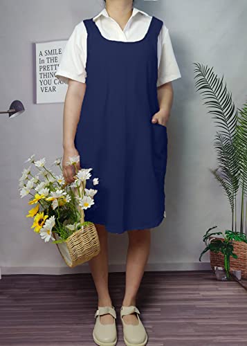 Cotton Cross Back Aprons Solid Color Cooking Kitchen Garden Smock for Women Girls with Pockets (Navy Blue / 37W x 32L)