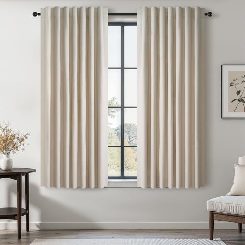 Beige White Linen Blackout Curtains 63 Inches Long 2 Panels for Small Window Natural Birch Boho Farmhouse Linen Blend Texture Insulated Hook Belt Back Tab Pocket Pleated Drapes (Beige / 52"W x 63"L (Pack of 2))