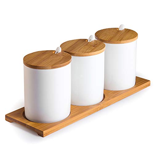 Ceramic Sugar Bowls with Bamboo Lids and Spoons (3 pcs Jar Set(4.1"H x 3.1"D/10.8 fl oz))