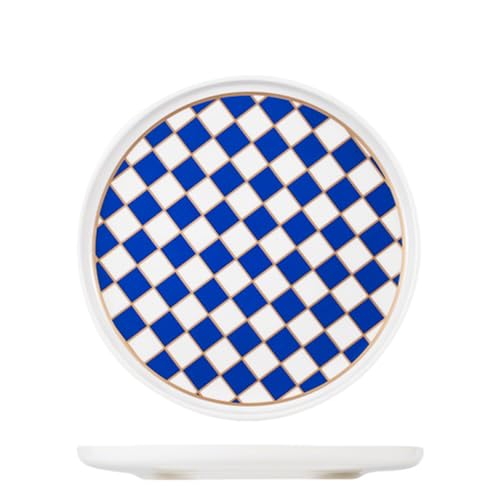 Ceramic Checkered Serving Plate with Gold Accent (Blue)