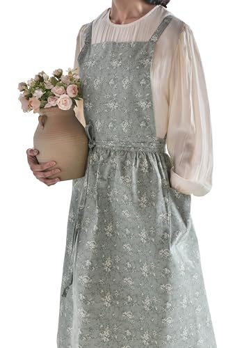 Japanese Cotton Linen Cross Back Work Apron for Women with Pockets Pinafore Dress Smock (03-flower)