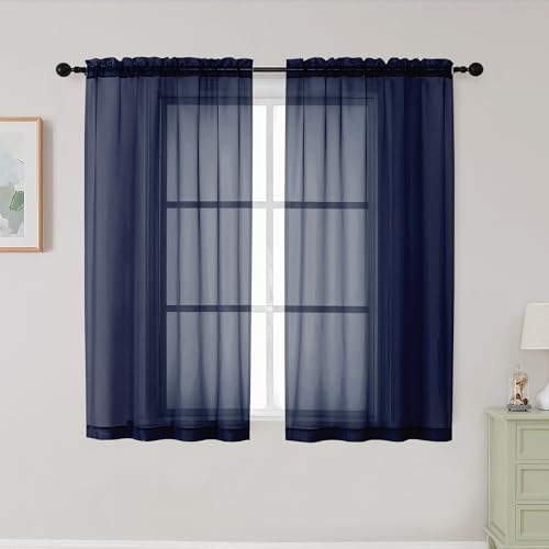 Navy Blue Sheer Curtains for Bedroom Living Room 45 Inch Length 2 Panels (Navy Blue / 42"W x 45"L (Pack of 2))