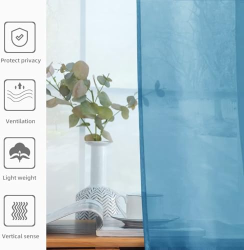 Solid Sheer Rod Pocket Curtain Voile Draperies 2 Panels White Beige Black Grey Ivory 52 Inch Width 96 Inch Long 1 Pair for Kitchen Bedroom Children Living Room Yard (Blue / 52"W x 96"L (Pack of 2))
