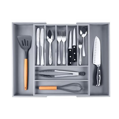 Kitchen Silverware Drawer Organizer and Storage Cabinet Utensil Rack Bathroom Counter Vanity Extra Large Big Cooking Drawer Organizers Countertop Pantry Storage Cabinet Best Kitchen Must Haves 2025 (Gray / 9 Slots Expandable)
