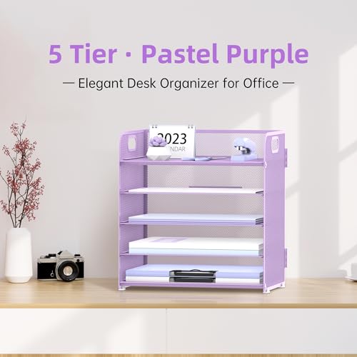 5 Trays Paper Organizer Letter Tray with Handle (Purple)