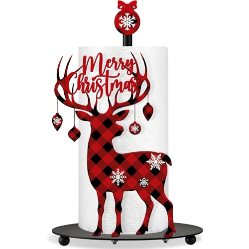 Christmas Paper Towel Holder Reindeer Buffalo Plaid Countertop (Reindeer)