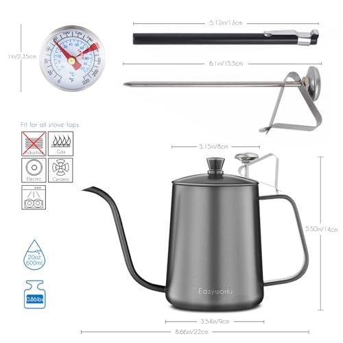 Gage Gooseneck Pour Over Coffee Kettle 20 oz with Thermometer Stainless Steel Hand Drip Coffee Pot With Long Narrow Spout (Black)
