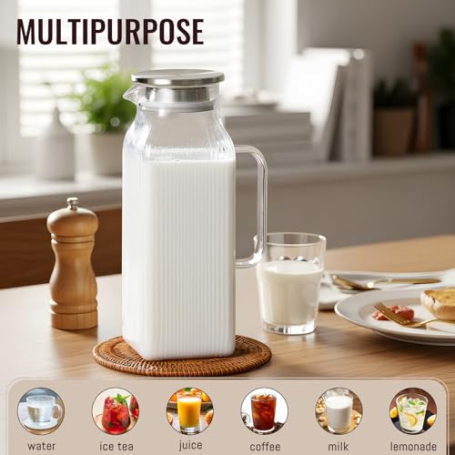 2 Liter 68 oz Square Glass Pitcher with Lid (Silver)