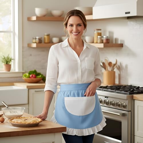 Waist Apron Kitchen Cooking Restaurant 100% Cotton Bistro Half Aprons with Pockets For Girl Woman (Greenish Blue)
