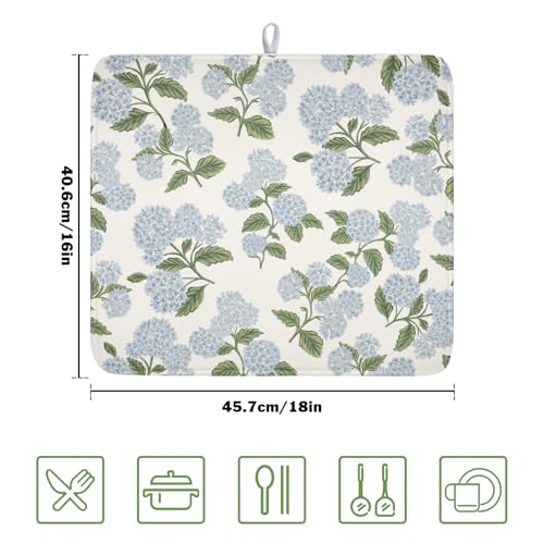 Blue Hydrangea Floral Dish Drying Mat for Kitchen Counter Spring Summer Vintage Flower Microfiber Dish Drainer Mat Rustic Farmhouse Absorbent Washable Drying Pad 16"x18" (Spring Summer Hydrangea / 18" x 16")