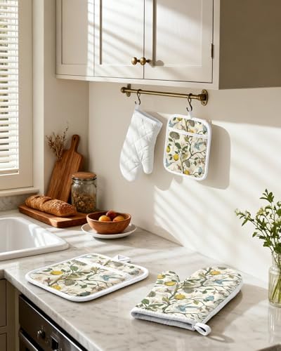 Cotton Oven Mitts and Pot Holders Sets (Lemon Songbird)