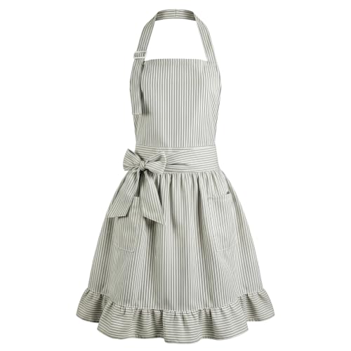 Vintage Apron Ruffle Dress Women 2 Pockets (Green / Stripe)