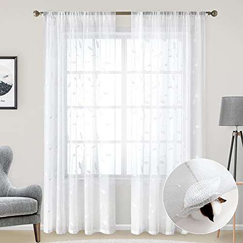 White Sheer Curtains Leaf Embroidered (52"W x 96"L (Pack of 2) / 4-white)