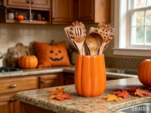 Large Ceramic Kitchen Utensil Holder for Kitchen Counter & Countertop Cooking Utensil Holder Spatula Holder Utensil Crock for Counter Fall Kitchen Deco and Accessories (Pumpkin no Pattern)