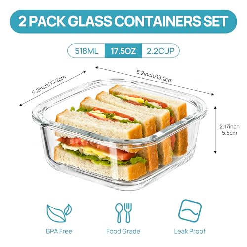 2Pack 17.5oz Glass Meal Prep Food Container Sets with Lids (Grey / 2pk17.5oz)