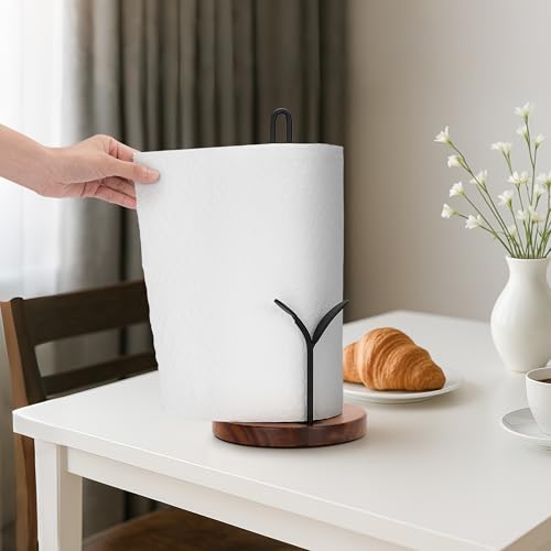Wood Paper Towel Holder Countertop (Black (Leaf)-round Base)
