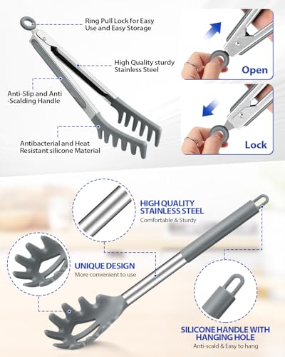 Silicone Spaghetti Spoon and Pasta Tong (Gray)