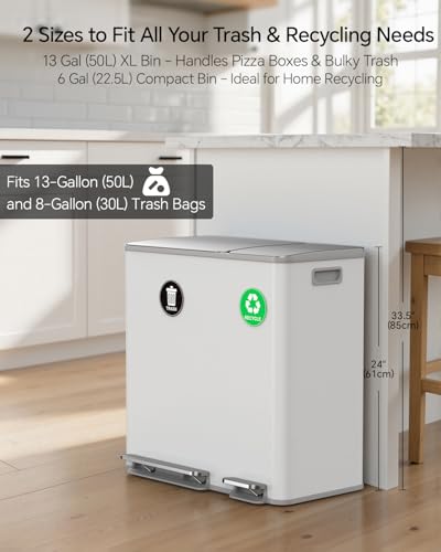 Dual Trash and Recycling Bins for Kitchen (White / 13+6 Gallon)