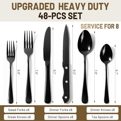 48 PCS NO FADING Black Silverware Set with Steak Knives (Black / 48 Pack for 8)