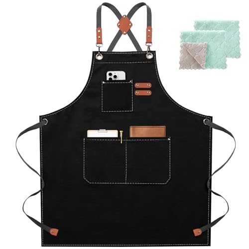Chef Apron for Women Men with Large Pockets (Black)