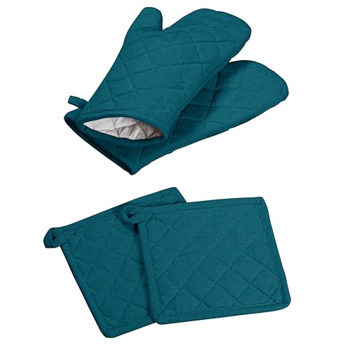 Oven Mitt & Pot Holder 100% Cotton Heat Resistant Kitchen Oven Mitt (Teal Green)