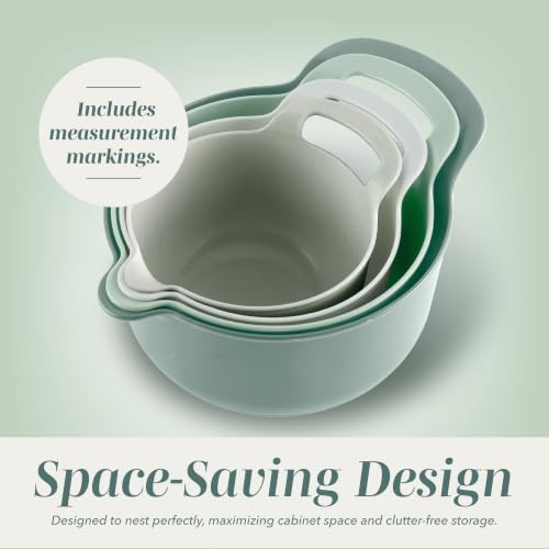 Nesting Plastic Mixing Bowl Set with Pour Spouts and Handles (Sage / 4 Piece Non-Slip)