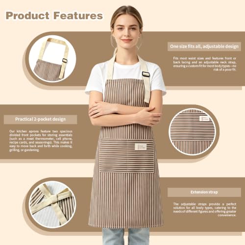 Aprons For Women With Pockets Chef Apron Bib Apron with 2 Large Pockets Adjustable Neck Strap Kitchen Apron Cooking Apron Stripes Baking Apron (Coffee-colored Stripes)