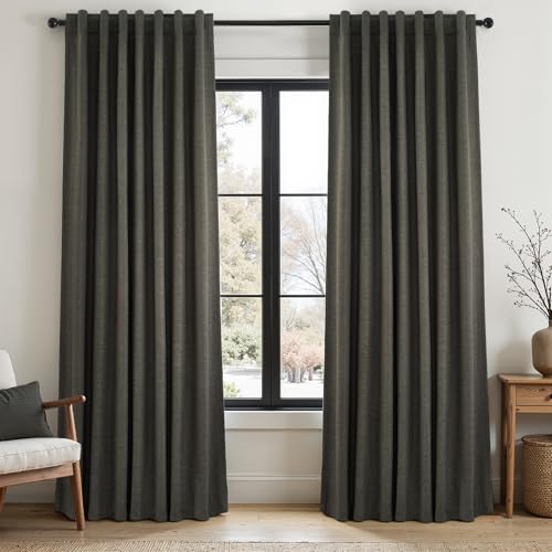Dark Gray Linen Blackout 86 Inch Curtains for Living Room Darkening Total 100% Black Out Drapes Thermal Insulated Soundproof Charcoal Grey 86 Inch Curtain for Dining Bedroom Back Tab (Carbon Grey / 52"W x 86"L (Pack of 2))