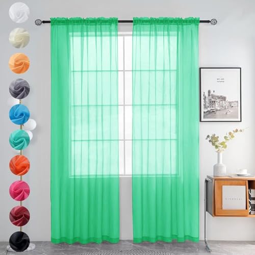 Solid Sheer Rod Pocket Curtain Voile Draperies 2 Panels White Beige Black Grey Coffee 52 Inch Width 63 Inch Long 1 Pair for Kitchen Bedroom Children Living Room Yard (Grass Green / 52"W x 63"L (Pack of 2))