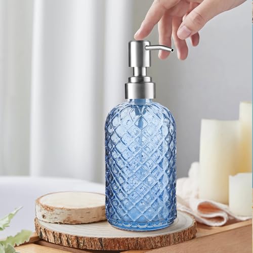 14 OZ Refillable Glass Soap Dispenser for Hand Soap & Lotion (Blue)