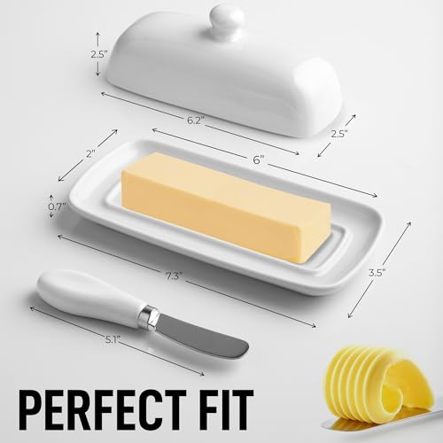 Ceramic Butter Dish with Lid For Countertop & Stainless Steel Knife (White)