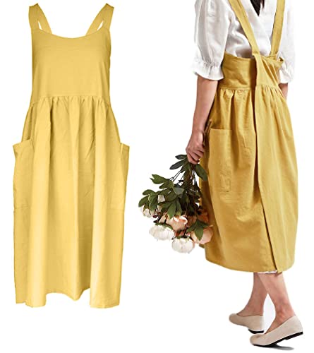 Women Girls Vintage Cute Apron Gardening Works Cross Back Cotton (Yellow / 32.3" x 41.3")