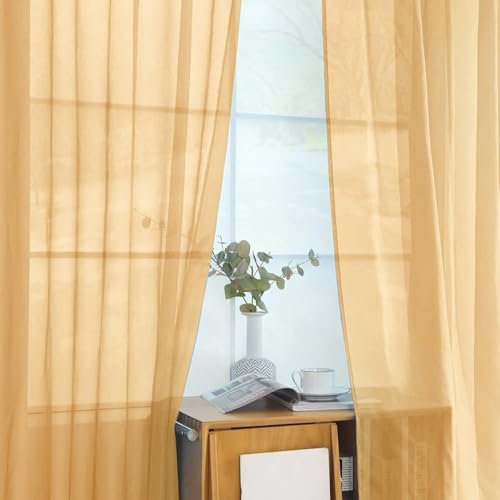 Solid Sheer Rod Pocket Curtain Voile Draperies 2 Panels White Beige Black Grey Coffee 42 Inch Width 84 Inch Long 1 Pair for Kitchen Bedroom Children Living Room Yard (Beige / 42"W x 84"L (Pack of 2))