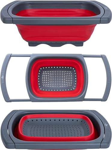 Collapsible Colander Strainer with Extendable Handles (Red)