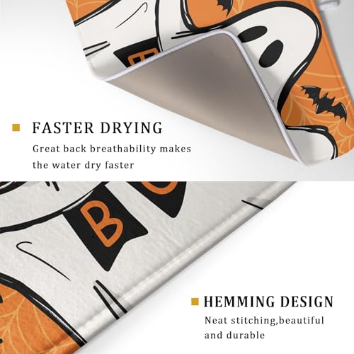 Orange Halloween Dish Drying Mat Spooky Boo Ghost Black Bats Dish Drainer Mats 18"x24" Spider Web Microfiber Reversible Dish Drying Rack Pad Protector for Kitchen Countertop Large Decor (24" x 18")