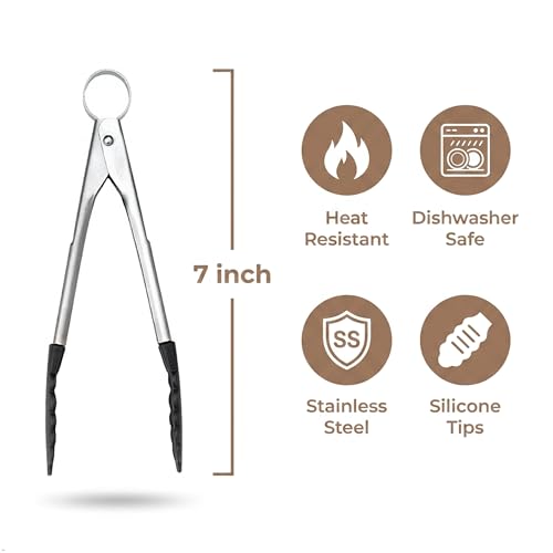 PICCOLO Stainless Steel 7 Inch Silicone Mini Tongs (7" / Black)