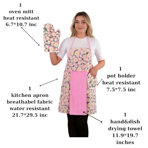 Floral Kitchen Apron and Oven Mitt Set (Pink)