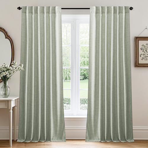Farmhouse Boho Linen Sheer Curtains 90 inches Long for Living Room (Z - Green / 52"W x 90"L (Pack of 2))