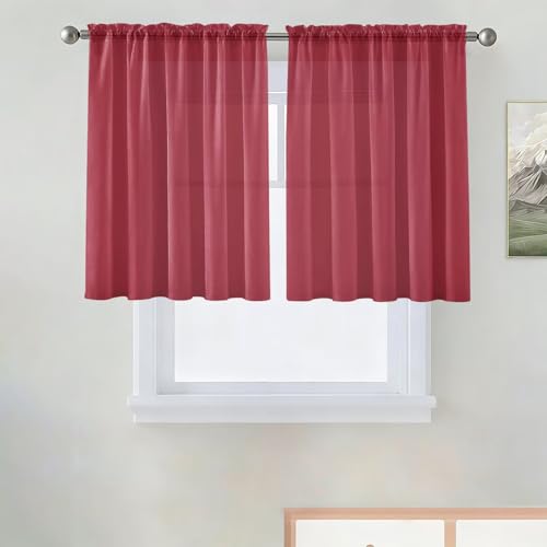 Basic Rod Pocket Sheer Voile Window Curtain Panels Burgundy 1 Pair 2 Panels 52 Width 36 Inch Long for Kitchen Bedroom Children Living Room Yard（Burgundy (Burgundy / 52"W x 36"L (Pack of 2))