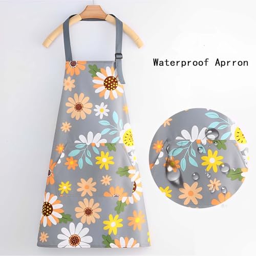 Floral Aprons with Pocket Blooming Floral Womens Waterproof Apron (Sunflower Grey)