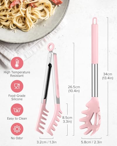 Silicone Spaghetti Spoon and Pasta Tong (Pink)
