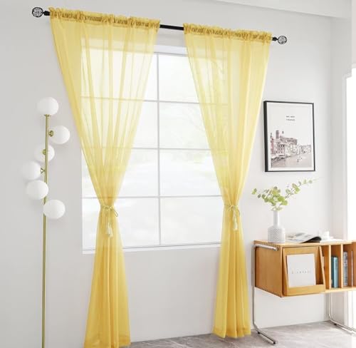 Solid Sheer Rod Pocket Curtain Voile Draperies 2 Panels White Beige Black Ivory Coffee 26 Inch Width 40 Inch Long 1 Pair for Kitchen Bedroom Children Living Room Yard (Yellow / 26"W x 40"L (Pack of 2))