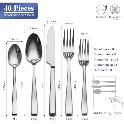 40 Piece Silverware Set Service for 8 (Silver Mirror)